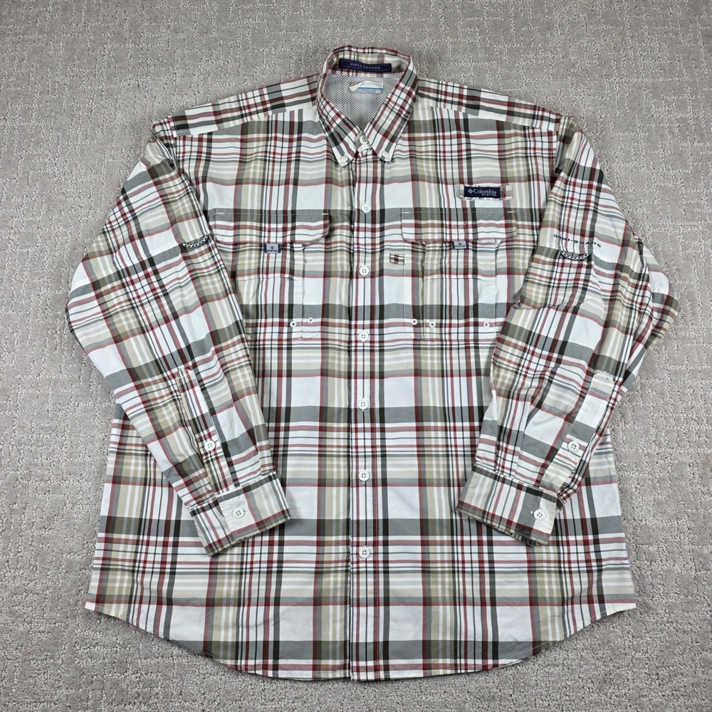 Columbia PFG Super Bahama Fishing Shirt Mens Medium Brown Plaid Long Sleeve Vent